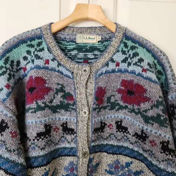 Vintage L.L. Bean Pure Wool Cardigan Sweater Floral Fair Isle Cottagecore Cabin - Picture 3 of 13